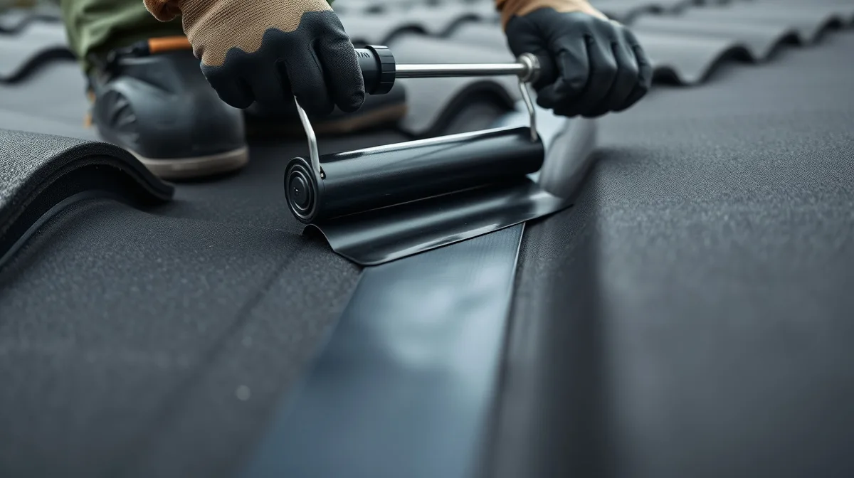 Technician applying seam reinforcement tape to a black EPDM rubber roof seam